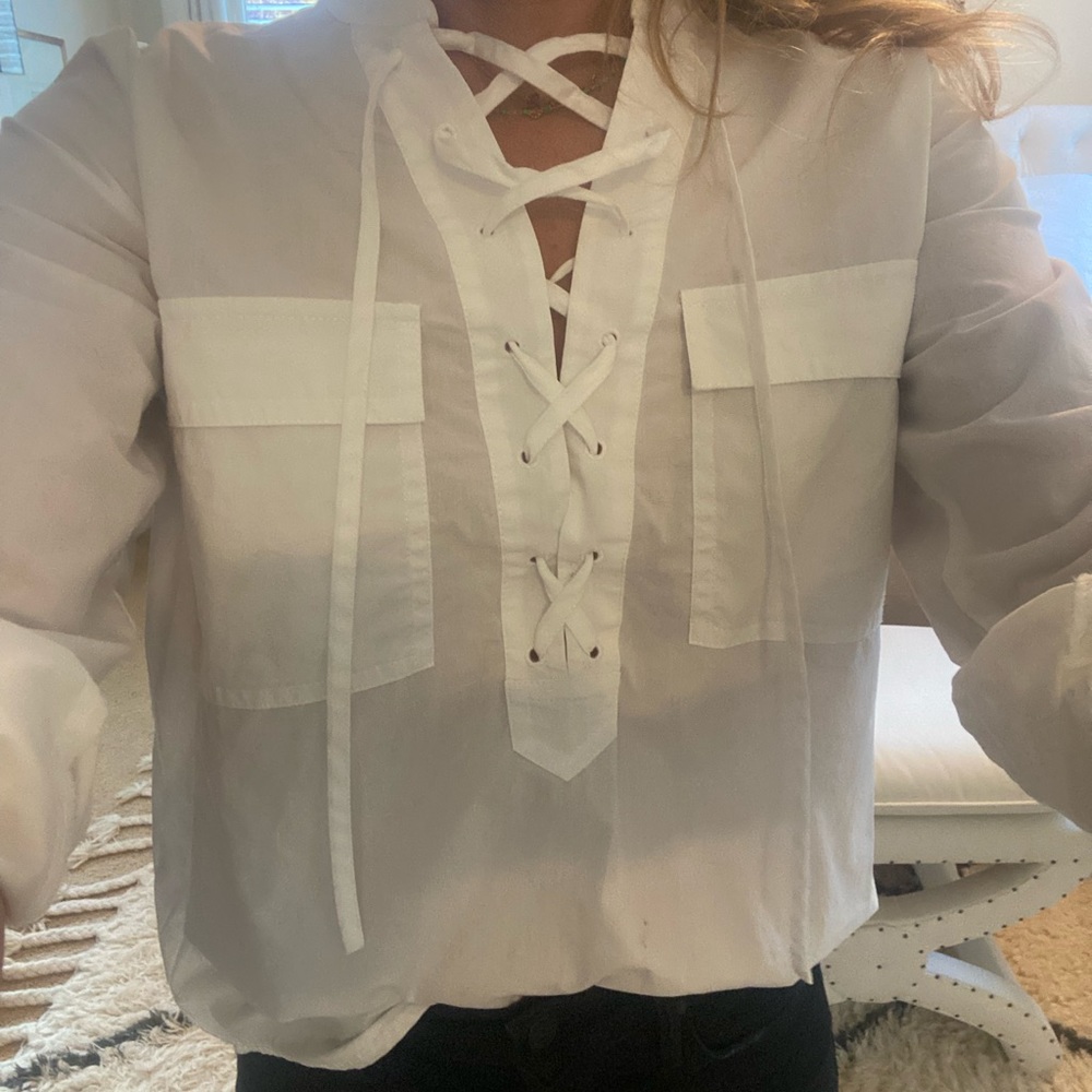 Gorgeous lace up Madewell cotton shirt. A fun take on the classic button up.